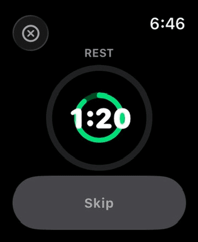 GoLightWeight on Apple Watch showing the rest countdown ring